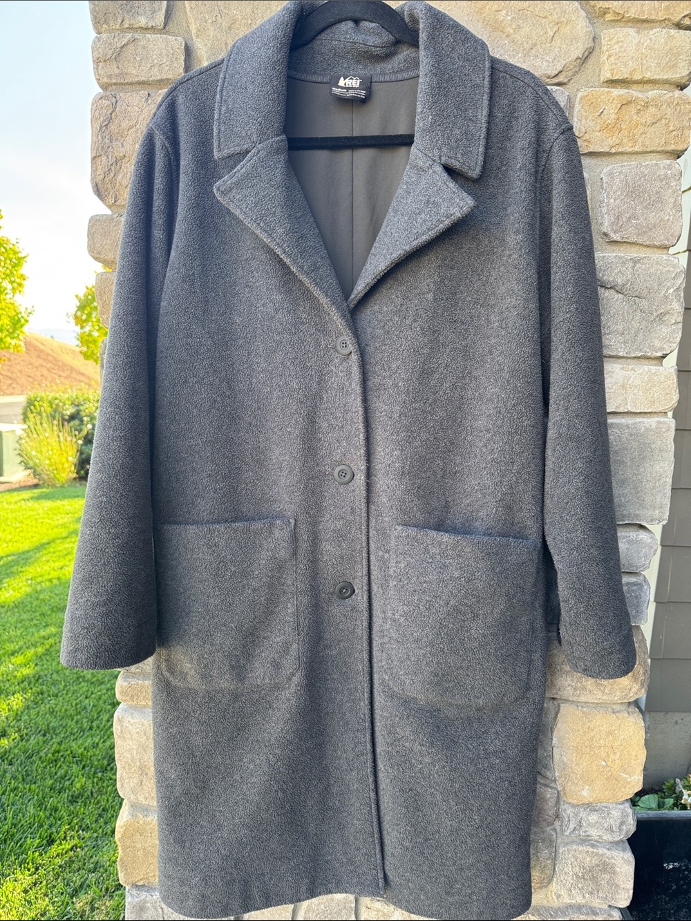 REI CO-OP Where To Long Coat Womens M Gray Button Up Flannel Lined Warm Fall